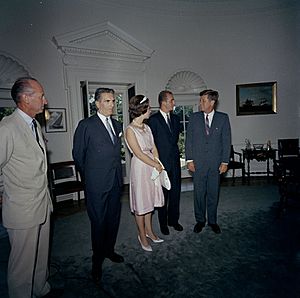 KN-C23514. President John F. Kennedy with Prince Juan Carlos of Spain and Princess Sophia of Greece