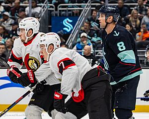 Ottawa Senators at Seattle Kraken - 2024-01-04 - Brady Tkachuk, Brian Dumoulin and Drake Batherson (53452076180)