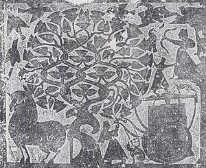 Wu liang shrine relief depicting xihe, yi, and fusang tree