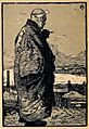 Monochromatic print of a man in a heavy coat standing, looking away from the viewer at the ocean