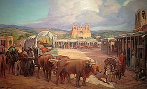 'View of Santa Fe Plaza in the 1850s' by Gerald Cassidy, c. 1930 (cropped)