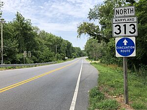 2022-06-22 12 53 21 View north along Maryland State Route 313 (Greensboro Road) at Maryland State Route 314 (Whiteleysburg Road) in Greensboro, Caroline County, Maryland