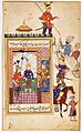 An illustrated and illuminated folio from a manuscript of Husayn Va’iz al-Kashifi’s Akhlaq-i Muhsini; Ya'qub ibn Layth standing on the roof in full armour, Persia, Shiraz, Safavid, 16th century