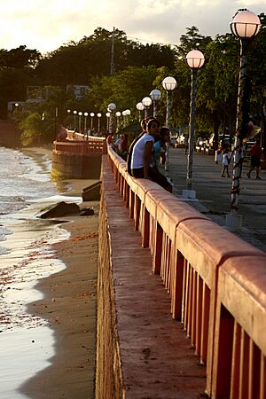 Beach, boardwalk, street lamps in Naguabo, Puerto Rico