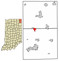 Location of Ashley in DeKalb County and Steuben County, Indiana.
