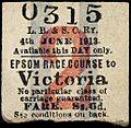 Second class return part of the ticket, for Epsom to Victoria, number 0315, dated 4 June 1913