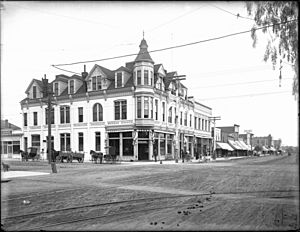 Exterior view of the Bank Building at the corner of Third Street and Broadway, Santa Monica, ca.1900 (CHS-910)
