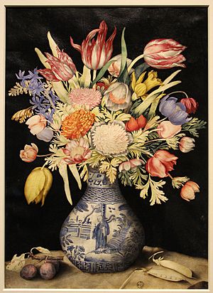 Giovanna garzoni, vaso cinese con tulipani e altri fiori, due susine e due piselli, 1641-52 ca. (GDSU) 01