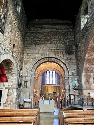 Nave looking east through the crossing arch to the high altar (1) - St Nicholas Church, Leicester