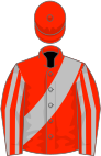 Scarlet, silver sash, striped sleeves, scarlet cap