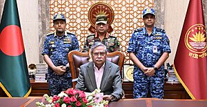 President Shahabuddin with armed forces chiefs on 6 August 2024, in the aftermath of Sheikh Hasina's resignation
