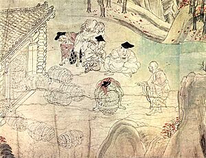 Rich man giving a rice ball to the monk
