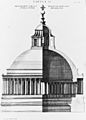 Engraved image in two parts. The left side shows the exterior of the dome, and the right side shows a cross section. The dome is constructed of a single shell, surrounded at its base by a continuous colonnade and surmounted by a temple-like lantern with a ball and cross on top.