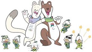 A cartoon illustration of two anthropomorphic stoats wearing scarves with their arms around each other's shoulders. On the left is a white stoat and on the right is a brown stoat with a missing leg. Surrounding the stoats are six small fairy-like characters with green costumes and white flowers on their heads.