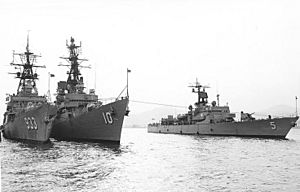 USS Barry (DD-933), USS Sampson (DDG-10) and USS Richard L. Page (DEG-5) at Piraeus in 1974