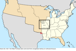 Map of the change to the United States in central North America on March 28, 1837