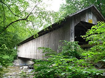 A light brown wooden covered bridge seen from one side of the river it crosses, slightly below the portal. It is surrounded by green tree branches on either side.