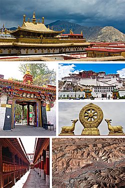 From upper left: roof of the Jokhang Temple; Norbulingka monastery main gate; Potala Palace; Wheel of Dharma and prayer wheels (bottom), Jokhang; satellite picture of Lhasa
