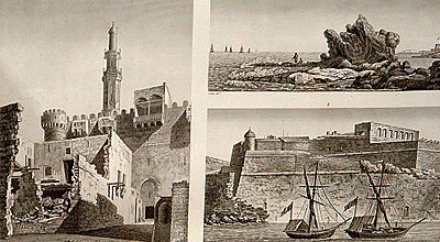 Description de l'Egypte, Etat Moderne, Plate 87, Views of Qait Bey Fortress and the Diamant Rock, drawn c.1798, published in the Panckoucke edition of 1821-9