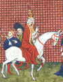 Duke of Anjou leading Pope Gregory XI to the palace at Avignon, while cardinals follow (cropped)