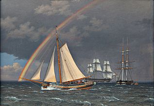 Eckersberg, CW - Regnbue på søen, en krydsende jagt med nogle andre skibe - 1836