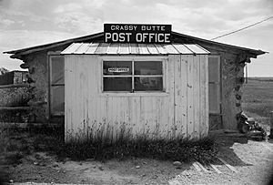 Built in 1914, the Grassy Butte Post Office is listed on the National Register of Historic Places. Photo taken August 1958.