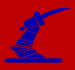 An upraised mailed army clutching a dagger, all in pale blue, on a red background.