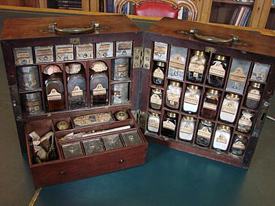 Medicine chest of Sir Stuart Threipland open showing compartments