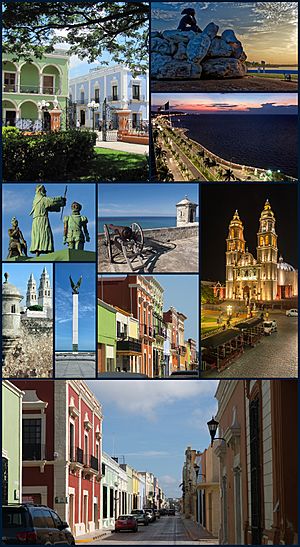 Clockwise from top: Historic Center of San Francisco de Campeche; Monumento la novia del mar; Malecón of the city of Campeche; Monument to Hispanidad; Fort of San Miguel; Parish of Our Lady of the Immaculate Conception Holy Cathedral Church; Colonial architecture; The Mayan Angel; View of the cathedral of campeche from the fortress; Historic Center of San Francisco de Campeche