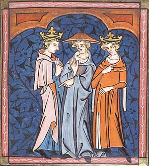 Peter of Capua mediating between Philip Augustus and Richard I of England, from Chroniques de France ou de St Denis, 14th century (22702900162)