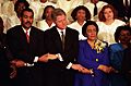 President Bill Clinton joins hands with Dexter King and Coretta Scott King