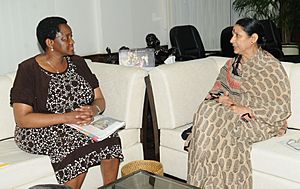 The South African Minister for Social Development, Ms. Bathabile Dlamini meeting the Minister of State (Independent Charge) for Women and Child Development, Smt. Krishna Tirath, in New Delhi on August 23, 2012