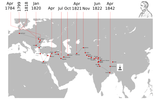 Travel route and timeline of Sándor Kőrösi Csoma