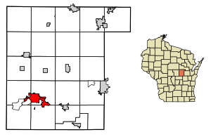 Location of Waupaca in Waupaca County, Wisconsin.