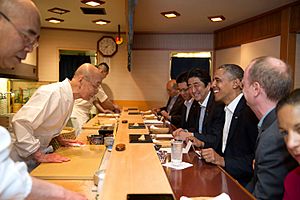 Barack Obama and Shinzo Abe at Sukyabashi Jiro April 2014