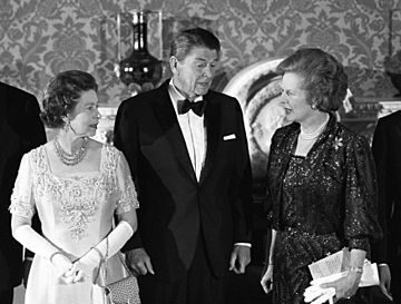 Baroness Thatcher with the Queen and President Reagan (8639737071)