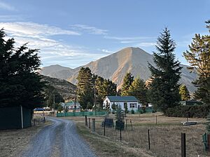 Small houses backed by pine trees with bare mountains and blue sky in the distance