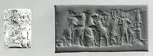 Cylinder seal and modern impression bull-man, bearded hero, and lion contest frieze,ca. 2600–2350 B.C. Early Dynastic III