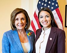Face detail, Nancy Pelosi with Rep AOC at the Speaker's Room (cropped)