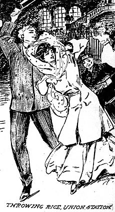 Fanciful drawing by Marguerite Martyn of a newlywed couple at St. Louis Union Station, 1906