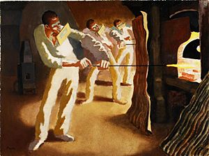 Glass-blowers 'Gathering' from the Furnace. (1943) (Art.IWM ART LD 2851)