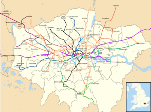 London Underground, Overground, Elizabeth Line and Docklands Light Railway with Greater London map