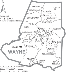 Map of Wayne County North Carolina With Municipal and Township Labels