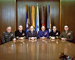 Melvin R. Laird meets with the Joint Chiefs of Staff in his Pentagon office