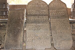 Old Kannada inscriptions of Kadamba king Kamadeva (c.1180) and Hoysala king Veera Ballala II (c.1196) in the open mantapa of the Tarakeshwara temple at Hangal