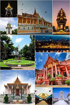 Clockwise, from top: Royal Palace, Independence Monument, Sisowath Quay, National Museum, Bayon roundabout, Central Market, Silver Pagoda, Wat Phnom, Choeung Ek and Norodom Sihanouk Memorial