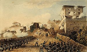 Puerta de Behobia de Irun, bajo el ataque de las fuerzas Reales Irlandesas, el 17 de mayo de 1837