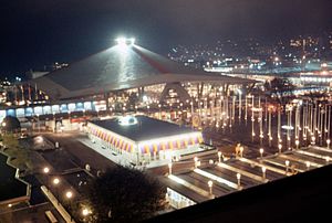 Seattle Center Coliseum at night, circa 1963 (44058938905)
