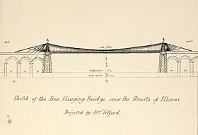 Sketch of Telfords iron hanging Bridge across the Menai