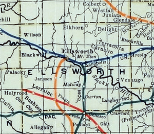 Stouffer's Railroad Map of Kansas 1915-1918 Ellsworth County